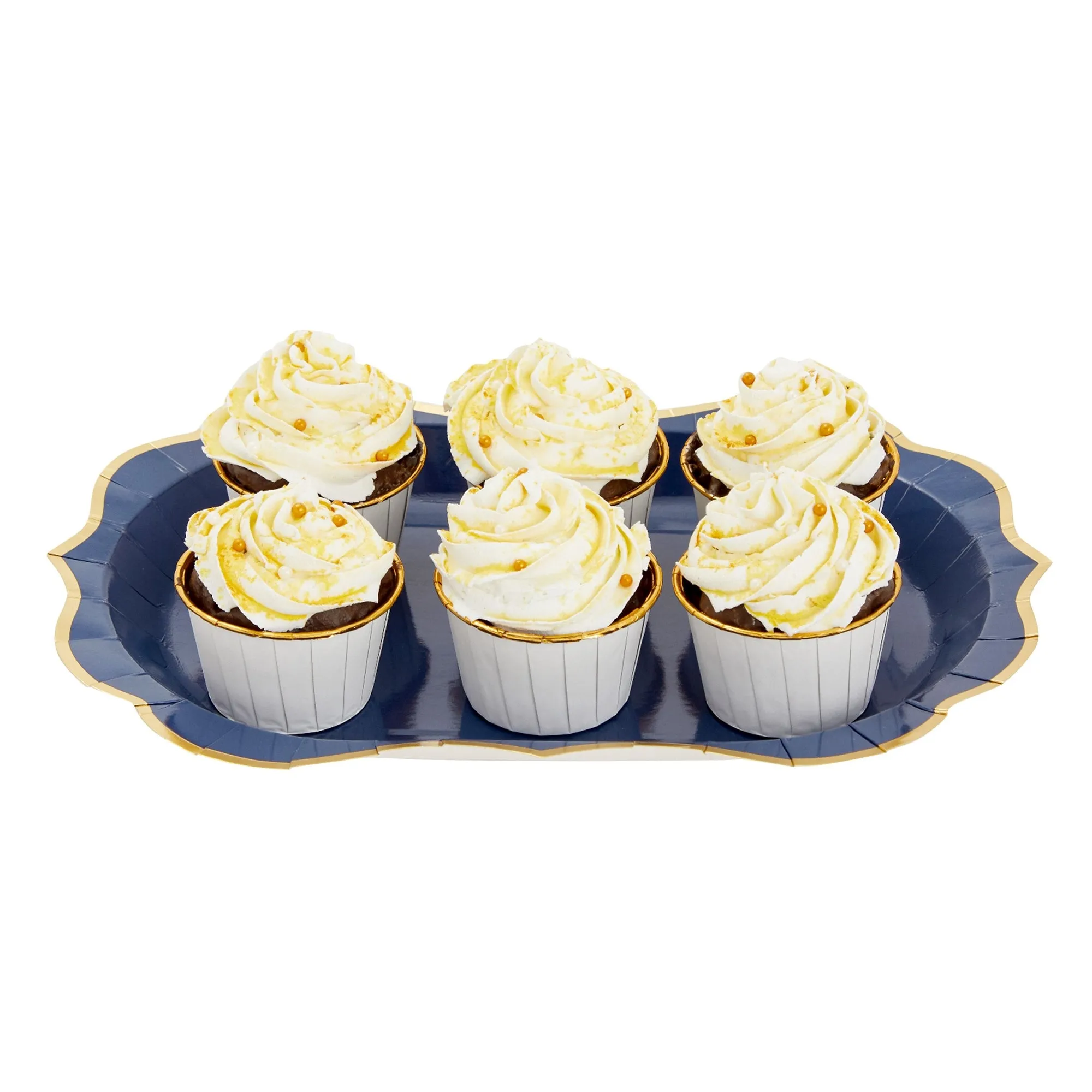 24 Pack Metallic Blue Party Serving Trays with Scalloped Gold Foil Edge (13 x 9 in)