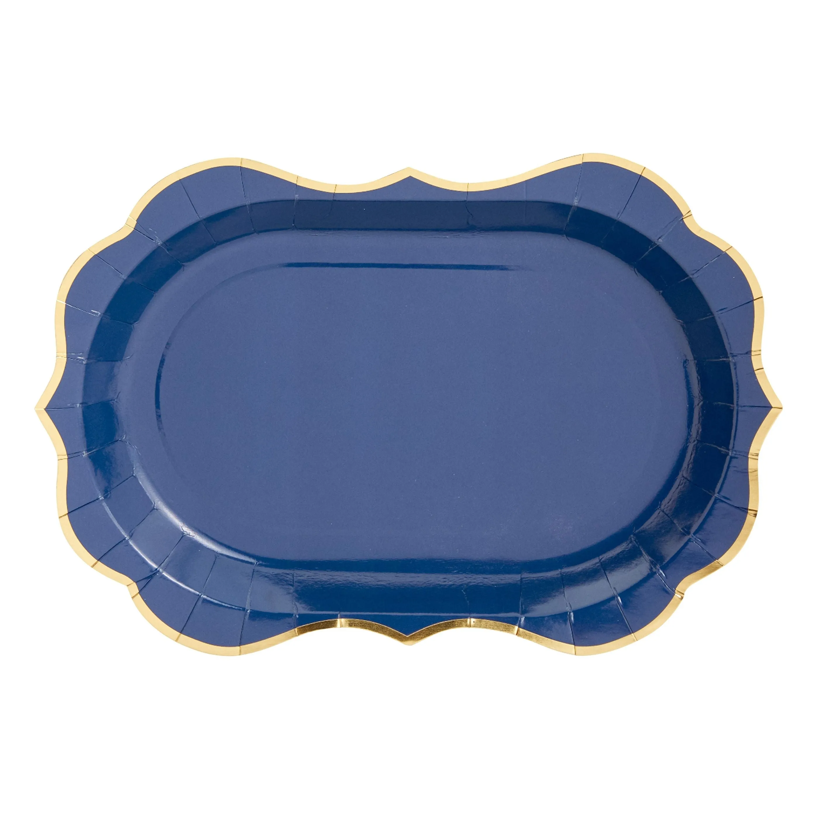 24 Pack Metallic Blue Party Serving Trays with Scalloped Gold Foil Edge (13 x 9 in)