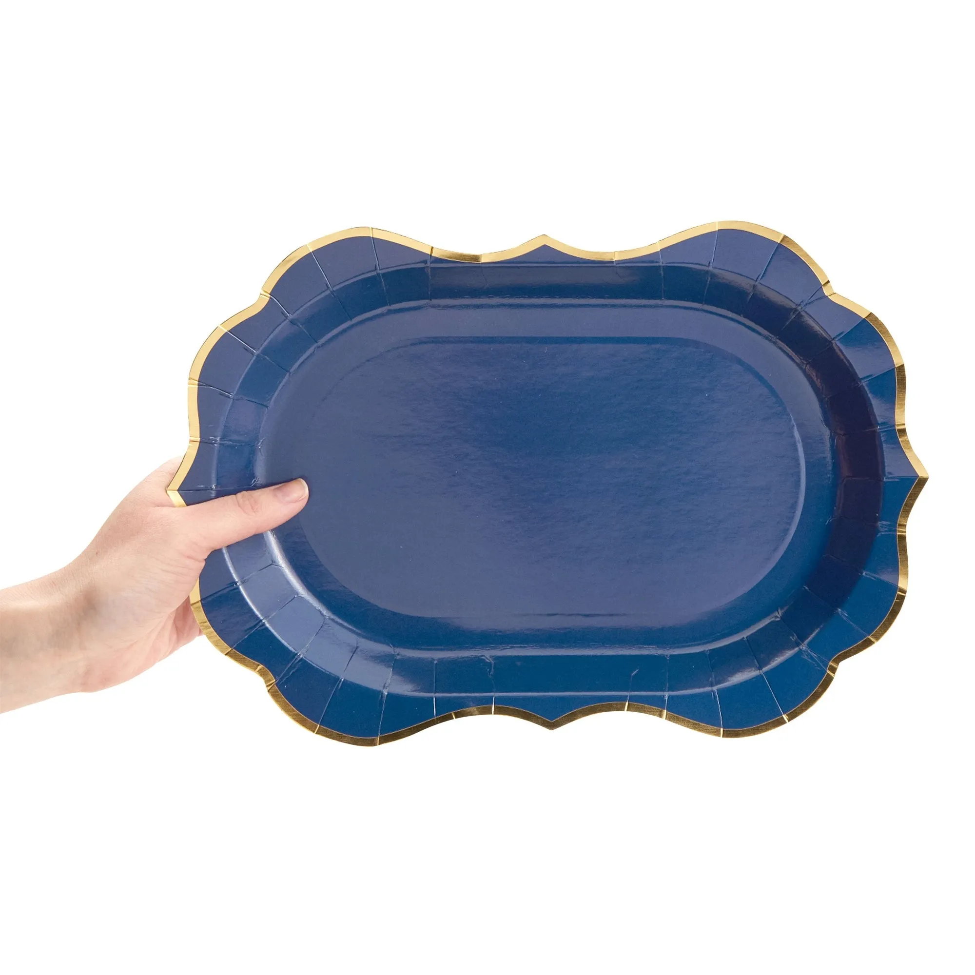 24 Pack Metallic Blue Party Serving Trays with Scalloped Gold Foil Edge (13 x 9 in)