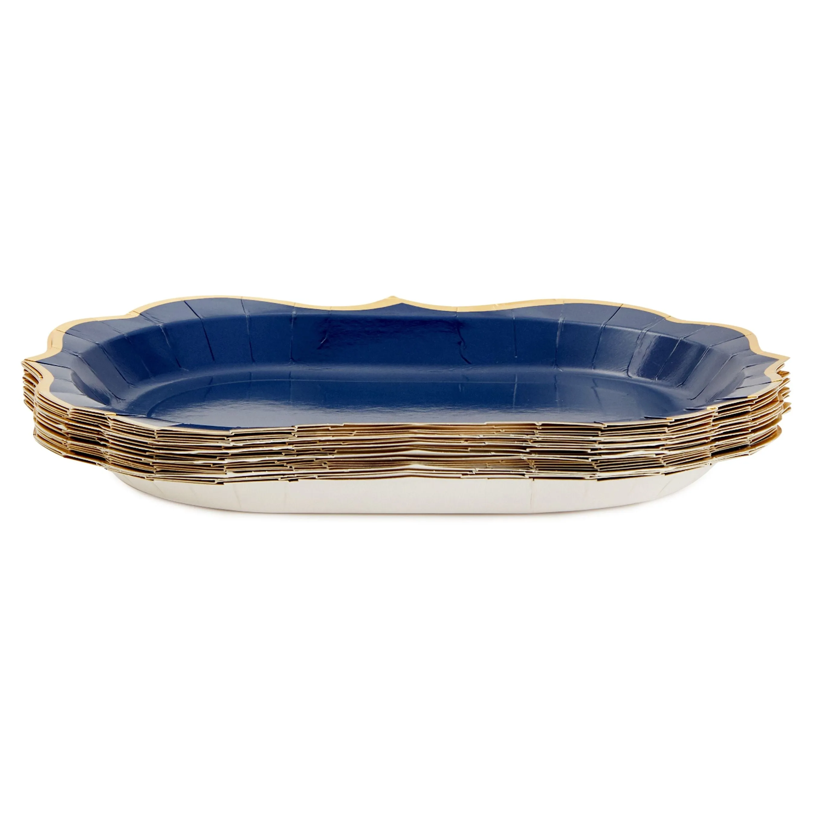 24 Pack Metallic Blue Party Serving Trays with Scalloped Gold Foil Edge (13 x 9 in)