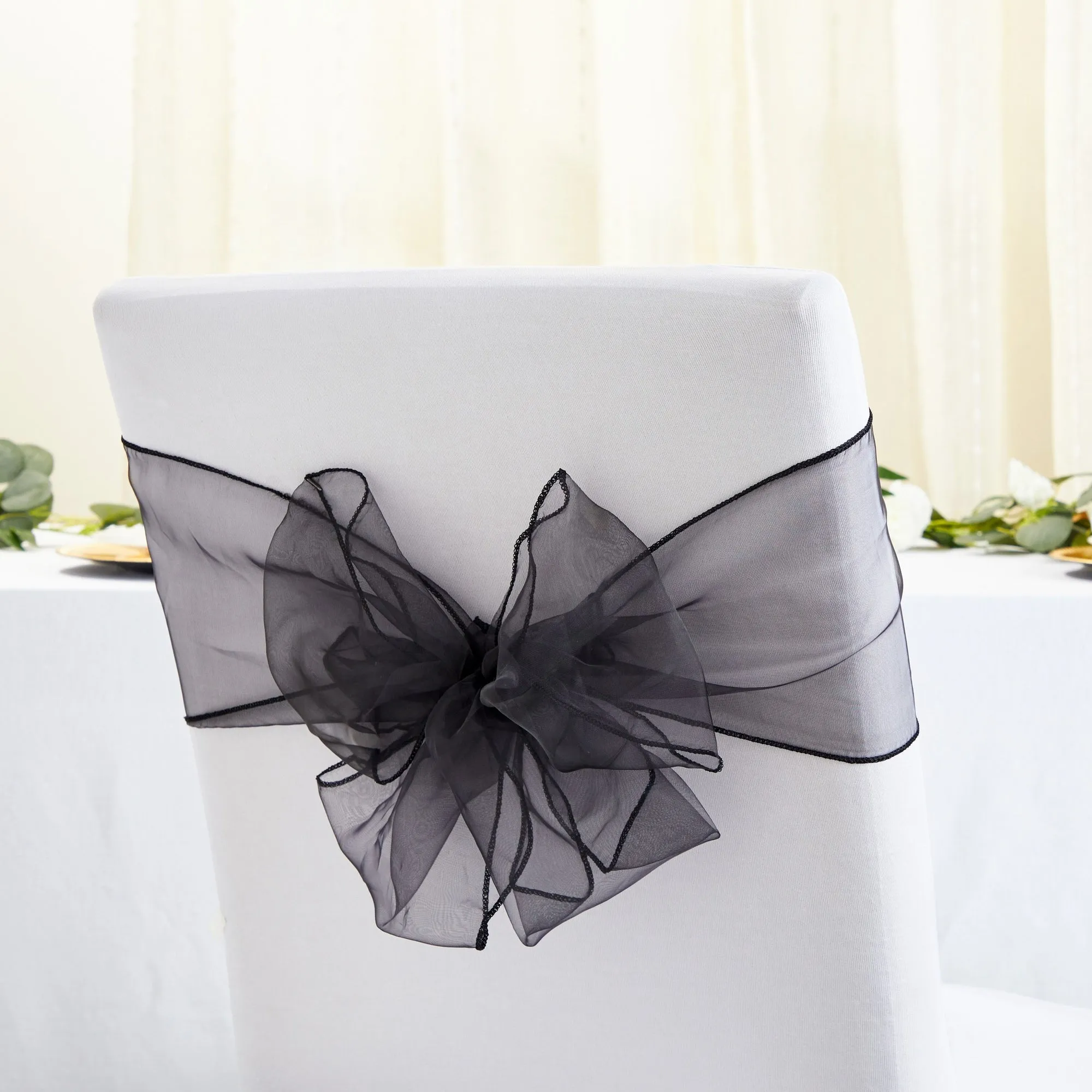 25 Pack Black Organza Ribbon Chair Bows for Wedding Reception, Baby Shower, Birthday Party (7 x 108 In)