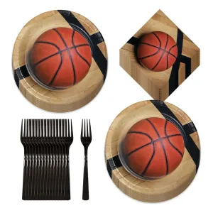 Basketball Party Supplies - Basketball Paper Dinner Plates, Luncheon Napkins, and Forks (Serves 16)