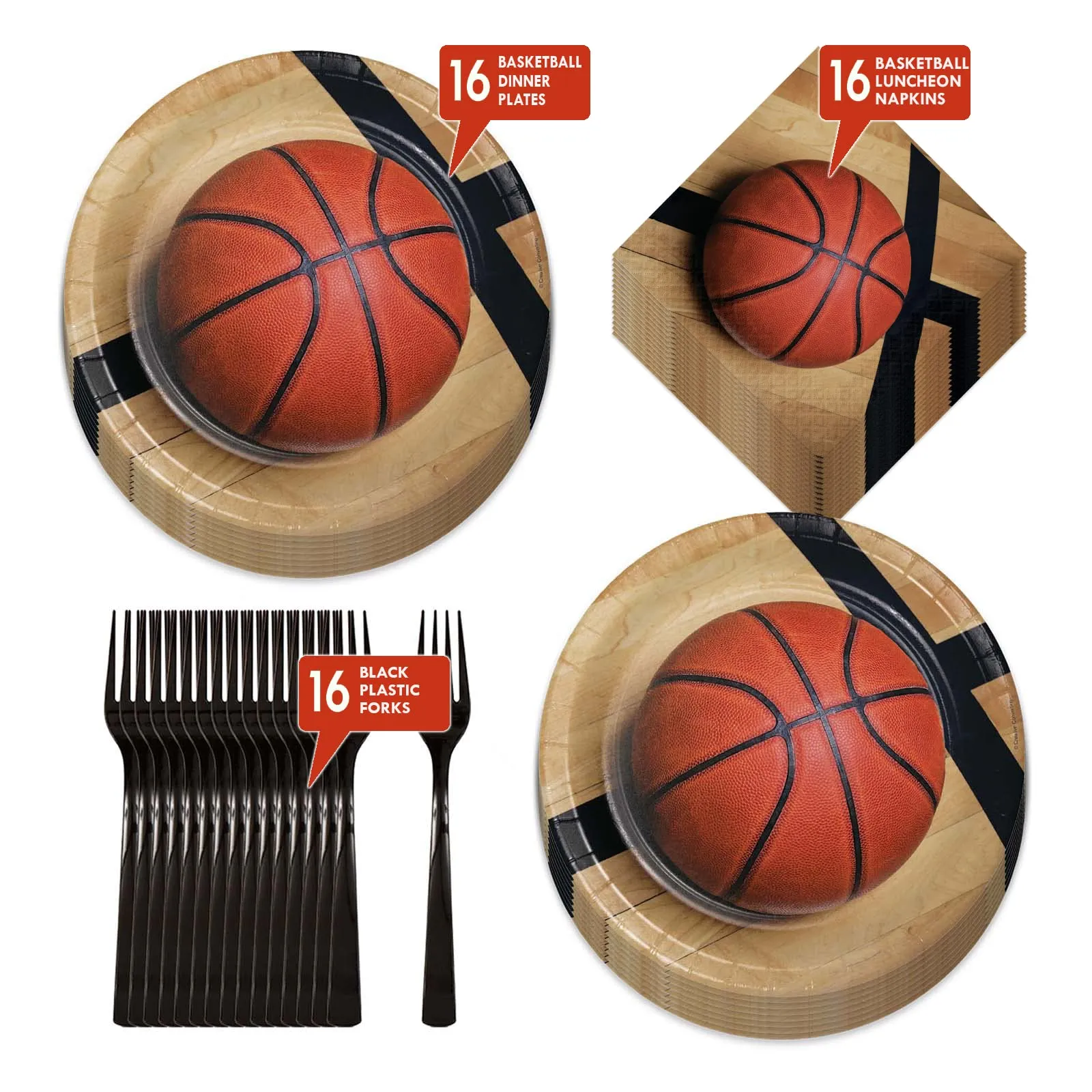 Basketball Party Supplies - Basketball Paper Dinner Plates, Luncheon Napkins, and Forks (Serves 16)