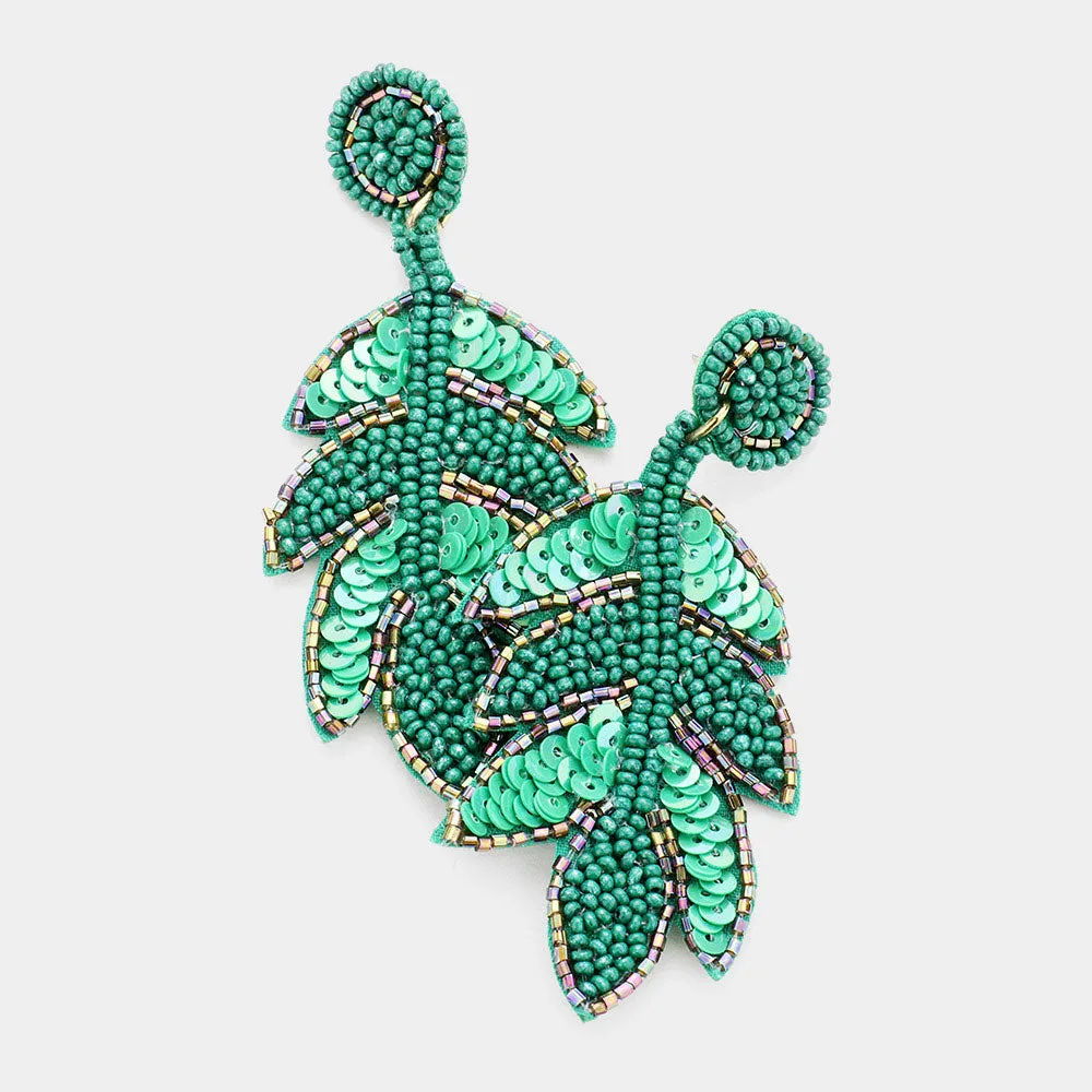 Beaded Earrings, Green Palm Leaves