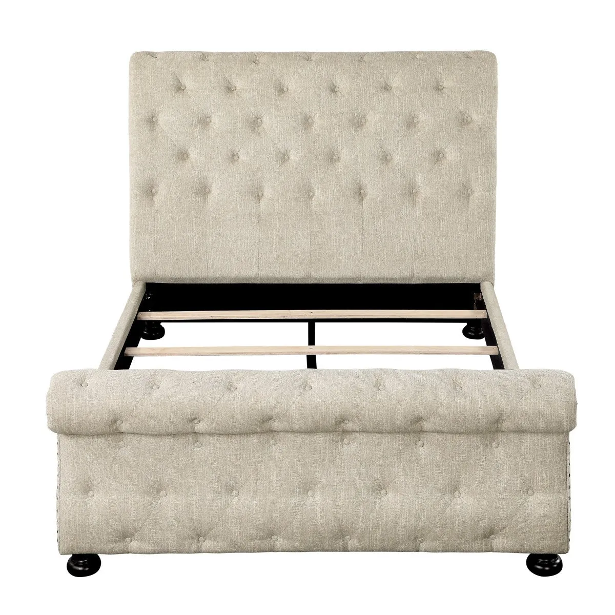 Beige Chenille Tufted King Bed with Nailhead Trim