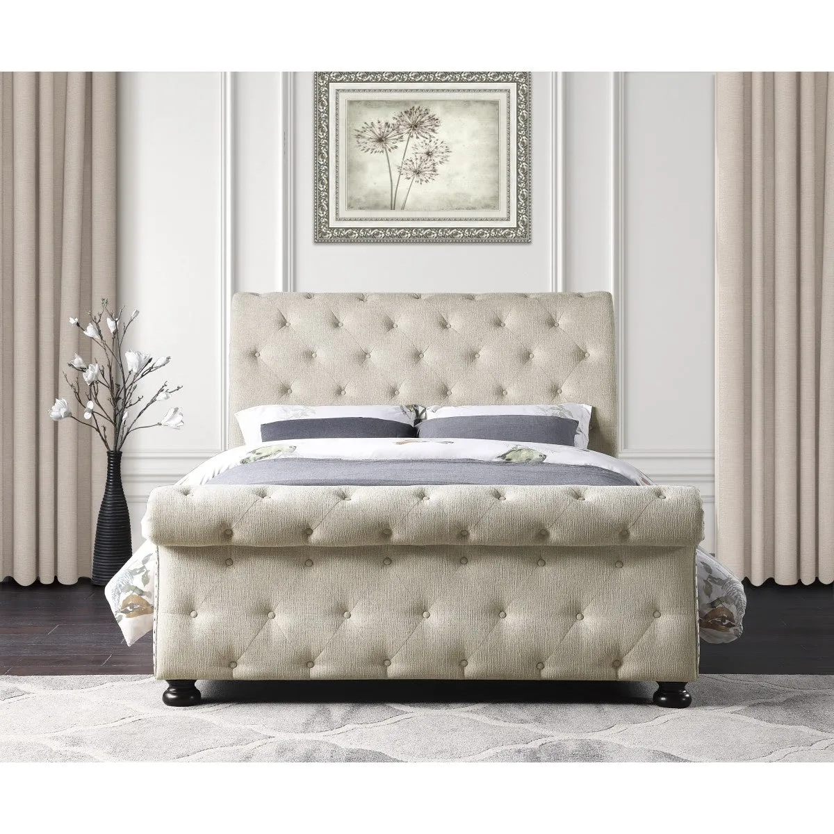 Beige Chenille Tufted King Bed with Nailhead Trim