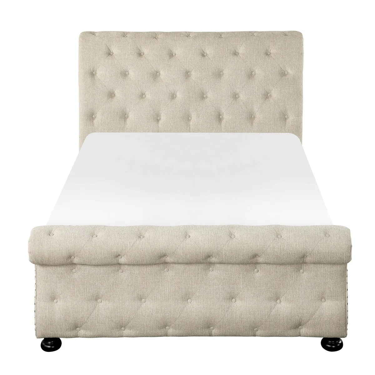 Beige Chenille Tufted King Bed with Nailhead Trim