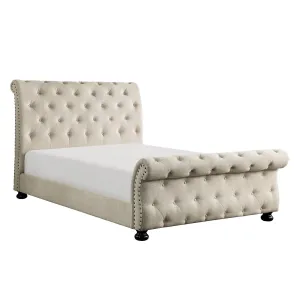 Beige Chenille Tufted King Bed with Nailhead Trim