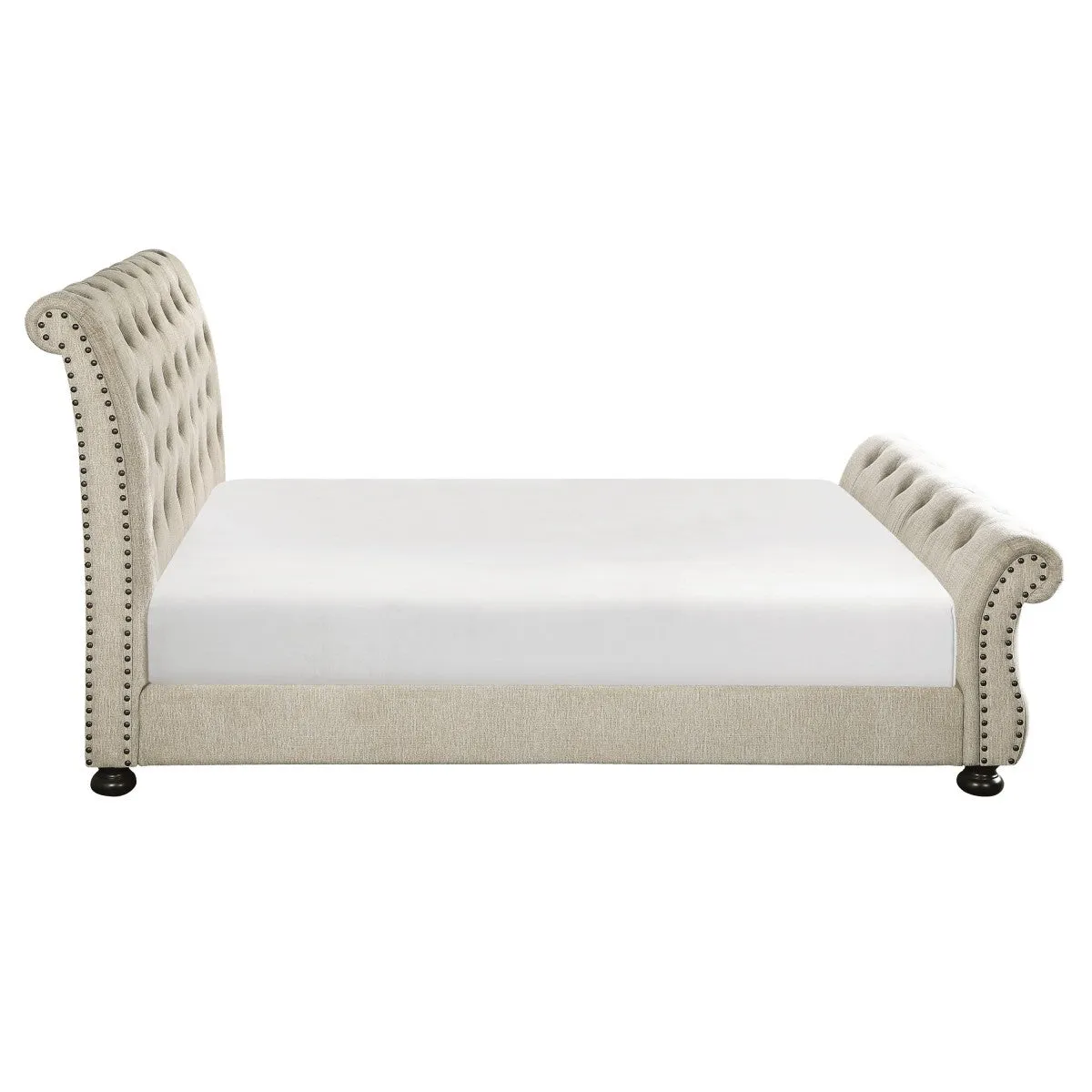 Beige Chenille Tufted King Bed with Nailhead Trim