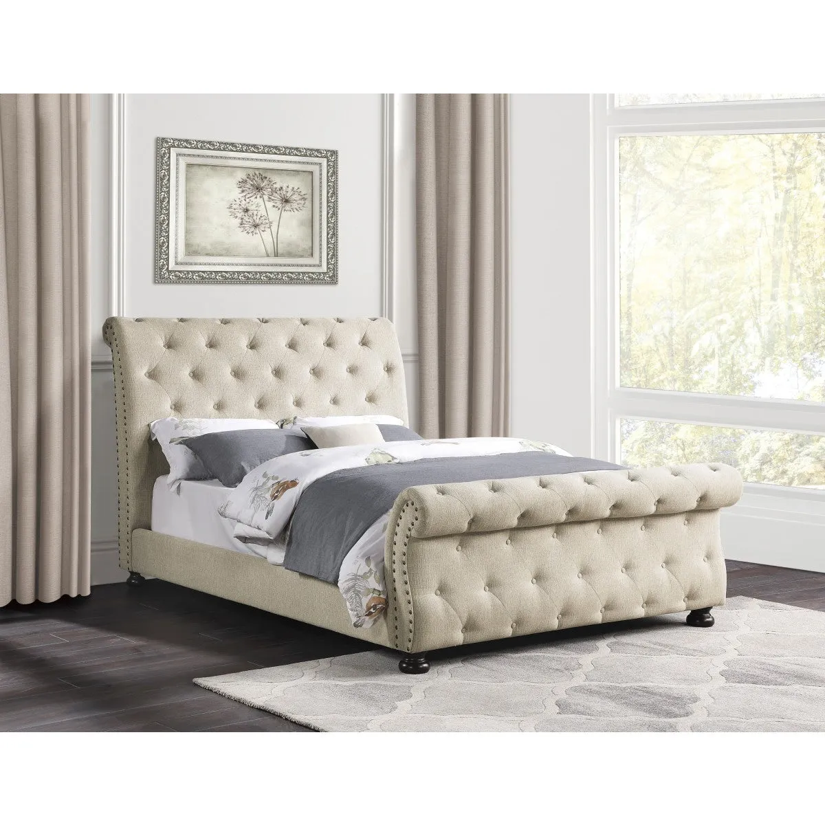 Beige Chenille Tufted King Bed with Nailhead Trim