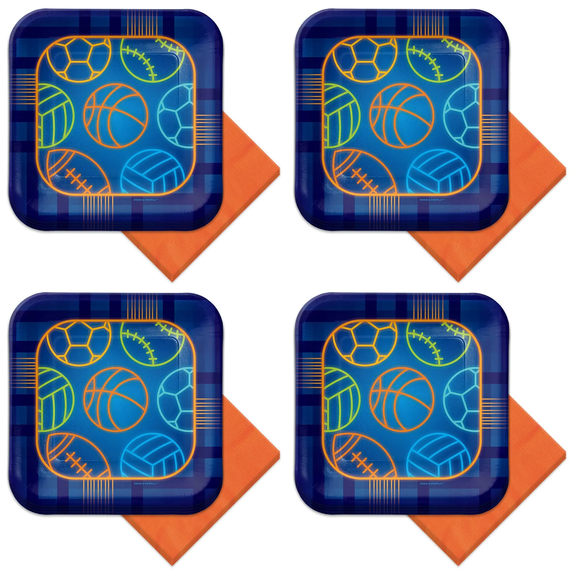 Birthday Baller Multi-Sports Party Blue Square Paper Dessert Plates & Napkins (Serves 16)