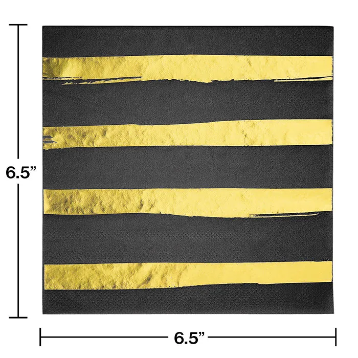 Bulk Black and Gold Foil Striped Luncheon Napkins (192 per Case)