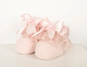 Caramelo Kids Pink Knit Booties with Lace Frill Trim