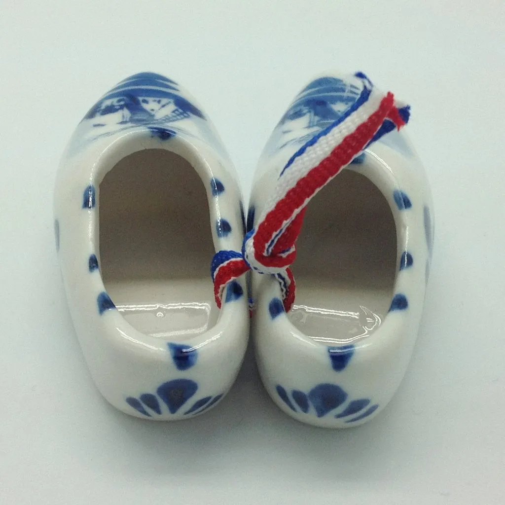 Delft Blue Wooden Shoes Pair with Windmill Design