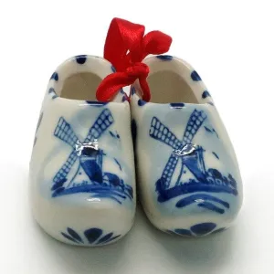 Delft Blue Wooden Shoes Pair with Windmill Design