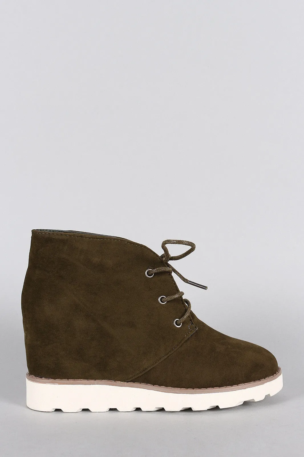 Dollhouse Suede Round Toe Lace Up Desert Wedge Booties