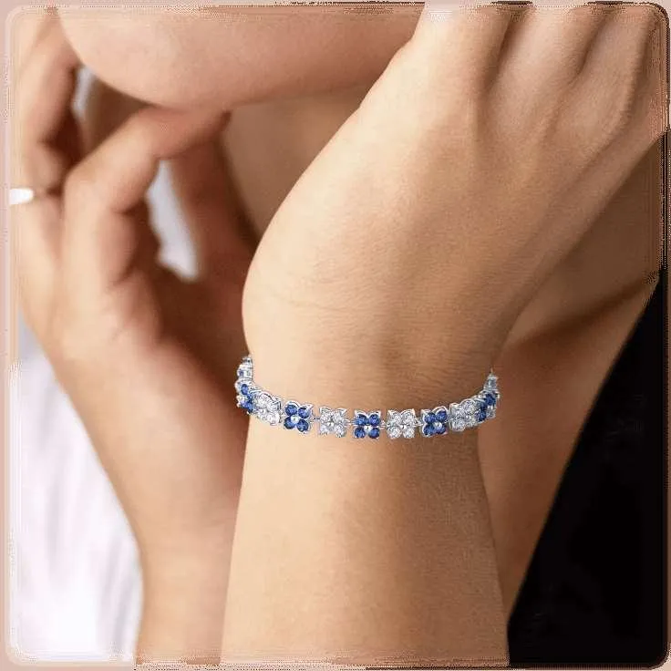 Flower Cubic Zirconia Tennis Bracelet for Women with Round Cut Sapphire Cubic Zirconia