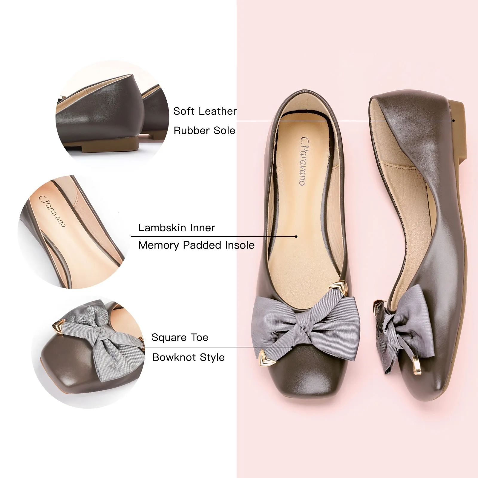 Metal Bow Ballerina Flats (Eva) Grey