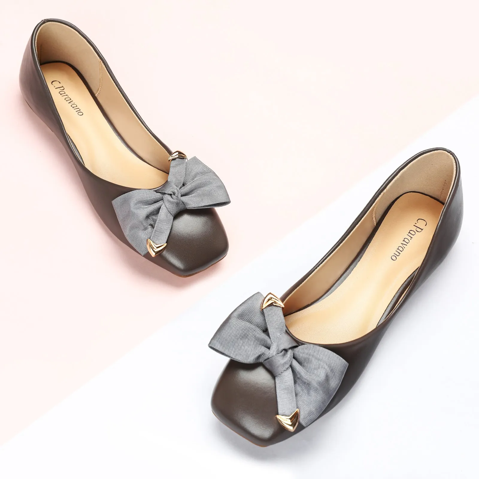 Metal Bow Ballerina Flats (Eva) Grey