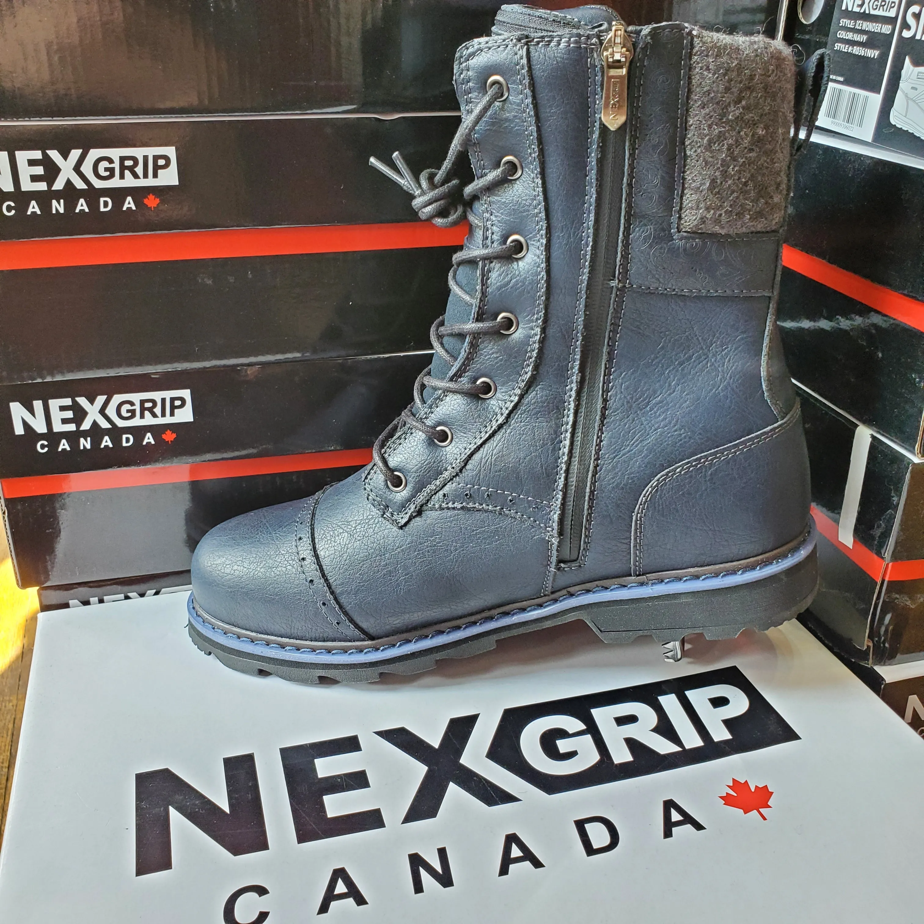 NexGrip Ruby Navy Blue Womens Waterproof Snow Boots with Retractable Ice Claw Cleats