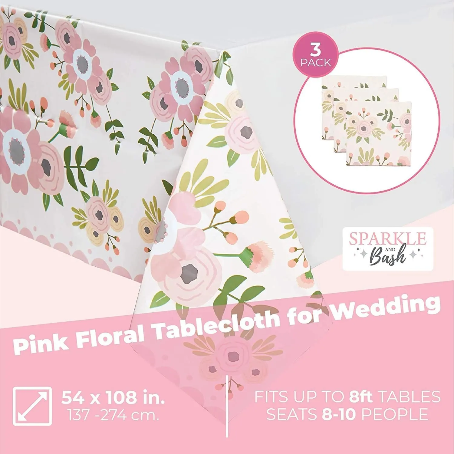 Pink Floral Plastic Tablecloth for Wedding (54 x 108 in, 3 Pack)