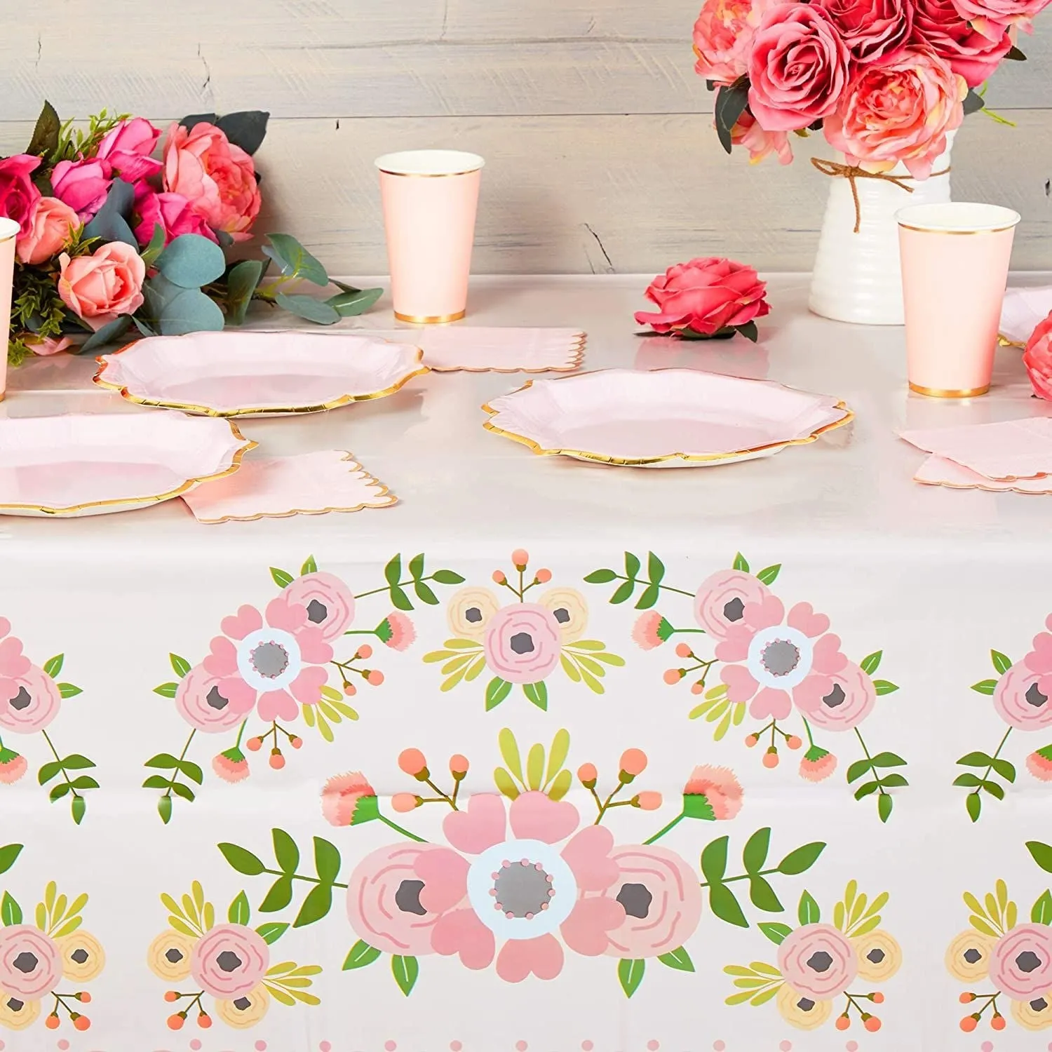 Pink Floral Plastic Tablecloth for Wedding (54 x 108 in, 3 Pack)