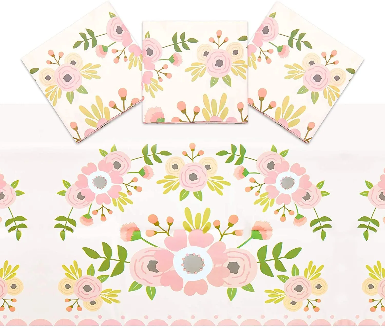 Pink Floral Plastic Tablecloth for Wedding (54 x 108 in, 3 Pack)