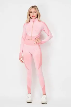 Pink Honey Comb Active Cropped Jacket Leggings Set