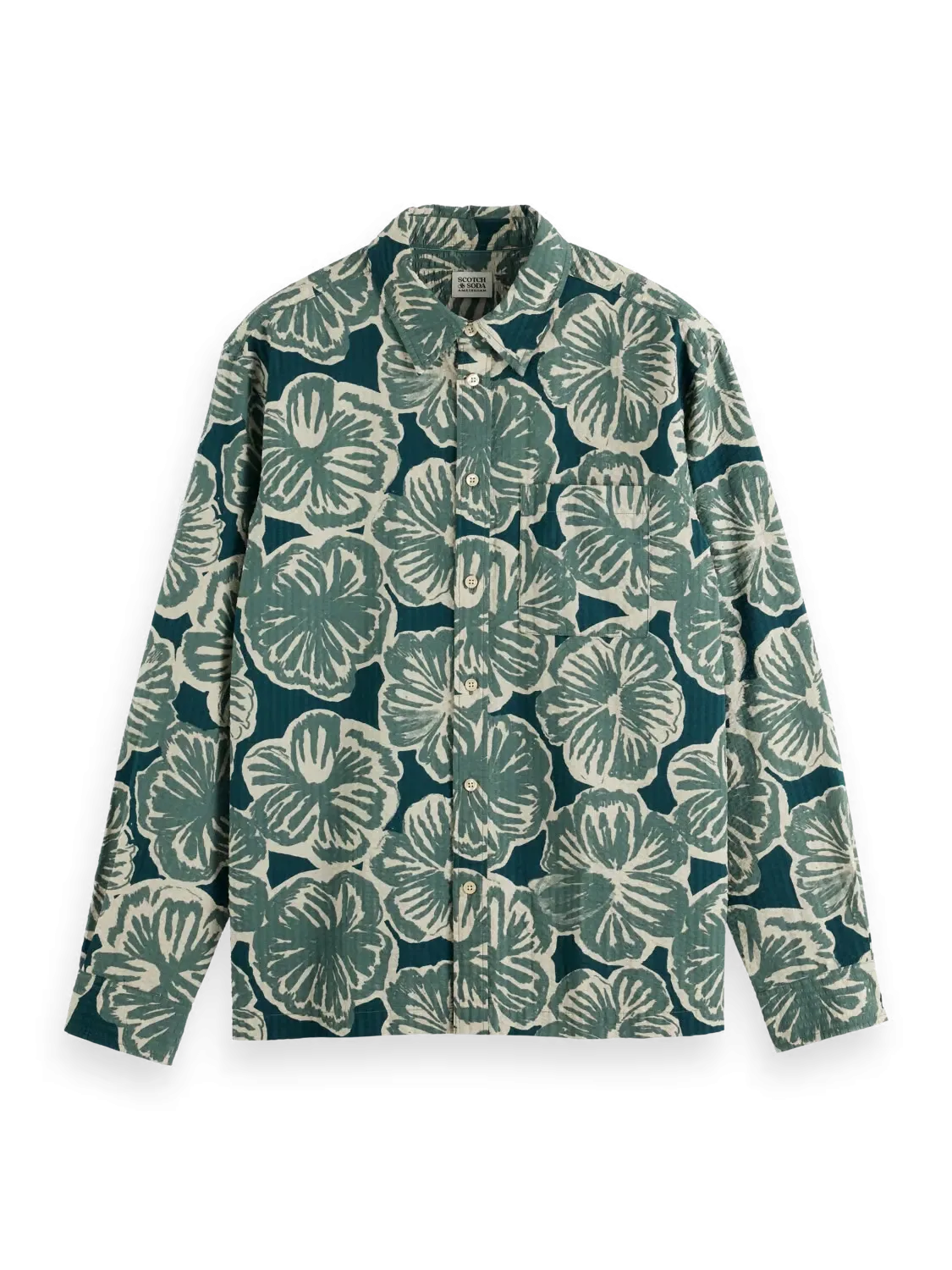 Regular-Fit Seersucker Flower Printed Shirt (Green) - 178724WI24300