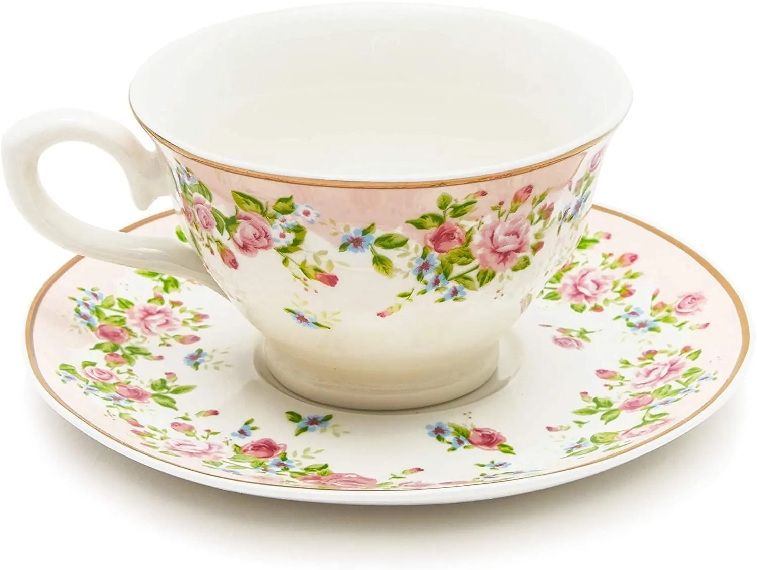 Set of 6 Vintage Floral Tea Cups and Saucers for Tea Party Supplies (Blue, Pink, 8oz)