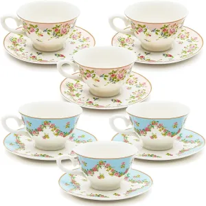 Set of 6 Vintage Floral Tea Cups and Saucers for Tea Party Supplies (Blue, Pink, 8oz)