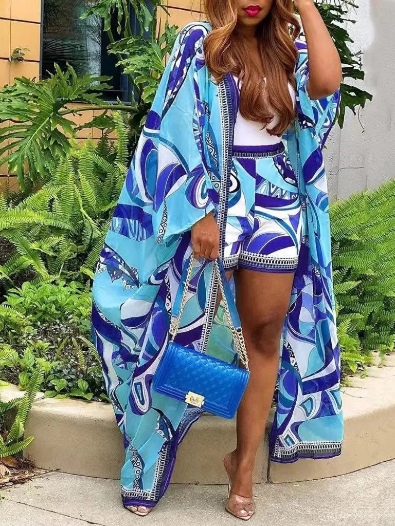 Sets Loose Print Cardigan & Shorts Two-Piece Set for Women