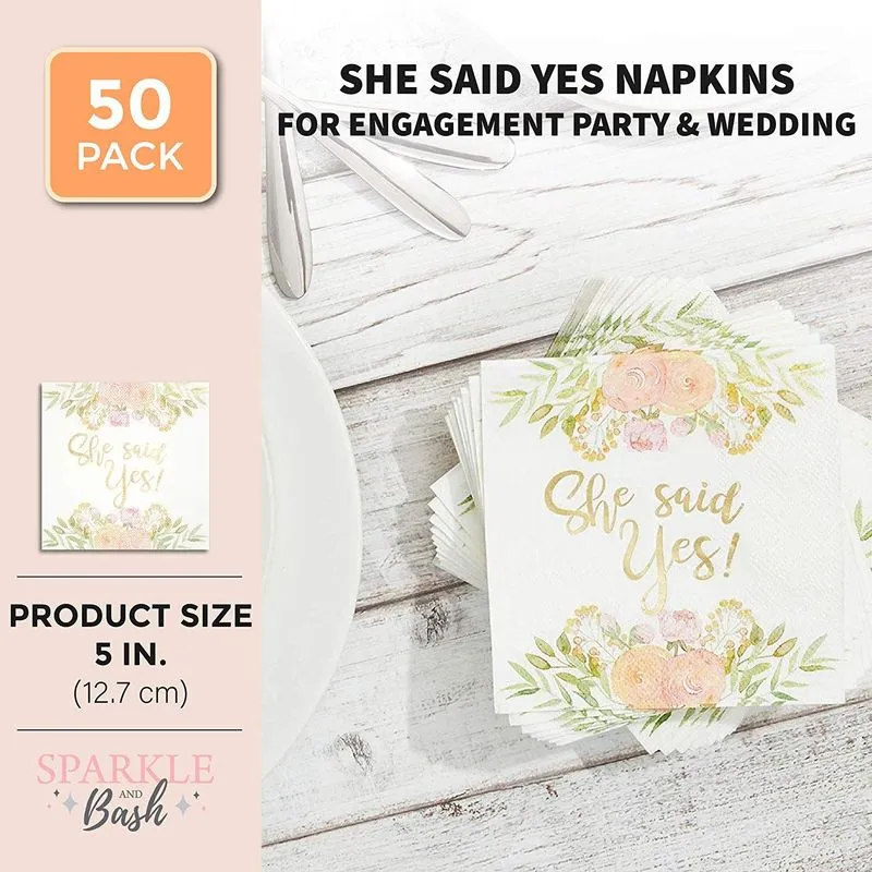 She Said Yes Party Supplies, Engagement Paper Napkins (5 x 5 In, White, 50 Pack)