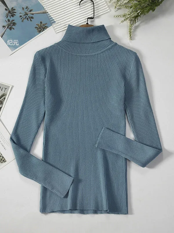 Simple Skinny Solid Color High-Neck Sweater Tops