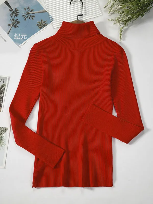 Simple Skinny Solid Color High-Neck Sweater Tops