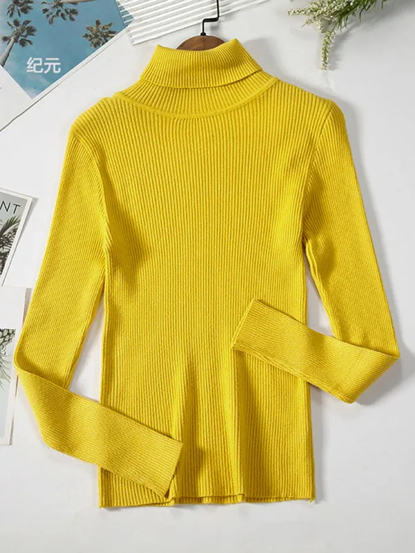 Simple Skinny Solid Color High-Neck Sweater Tops