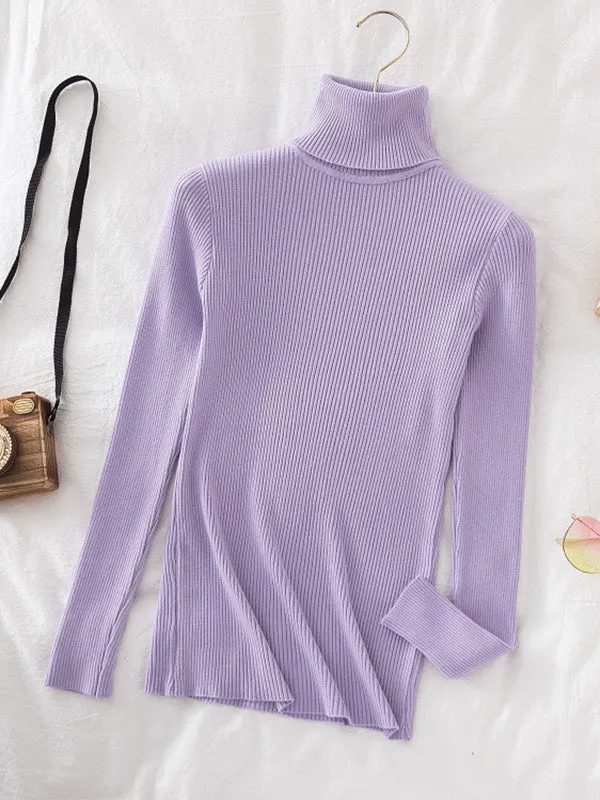 Simple Skinny Solid Color High-Neck Sweater Tops