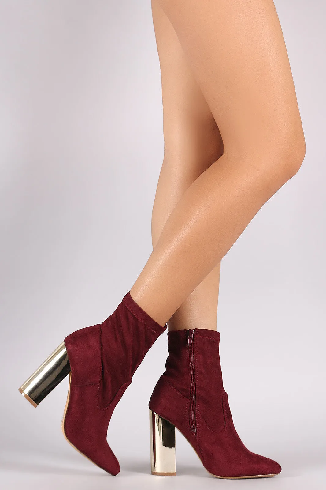 Suede Pointy Toe Metallic Chunky Heeled Ankle Boots