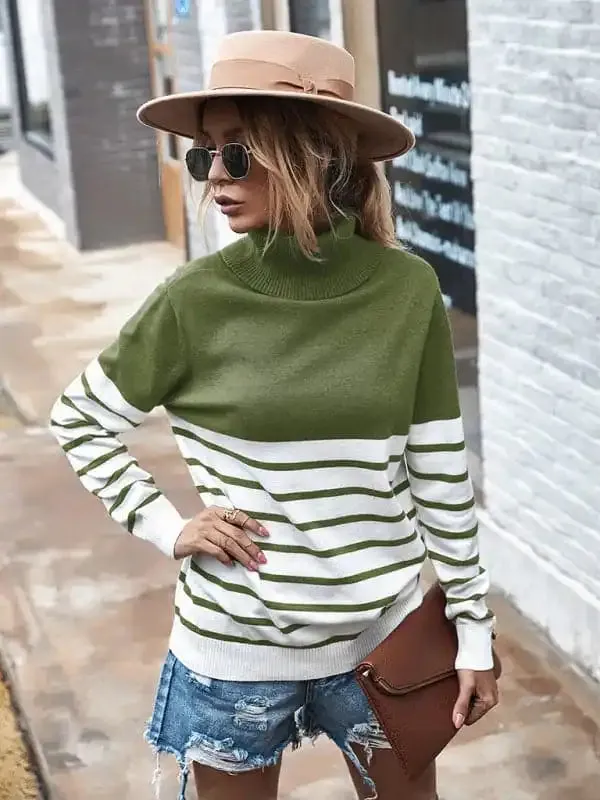 Women’s Long Sleeve Turtleneck Striped Sweater