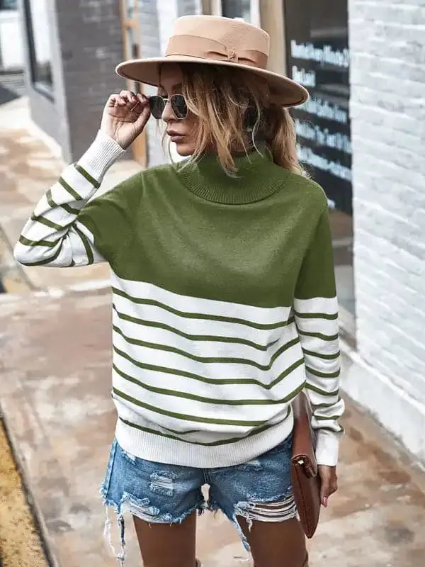 Women’s Long Sleeve Turtleneck Striped Sweater