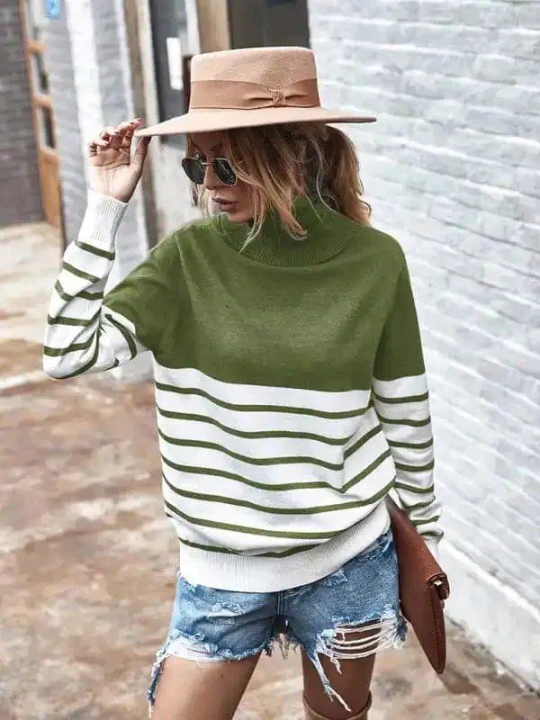 Women’s Long Sleeve Turtleneck Striped Sweater