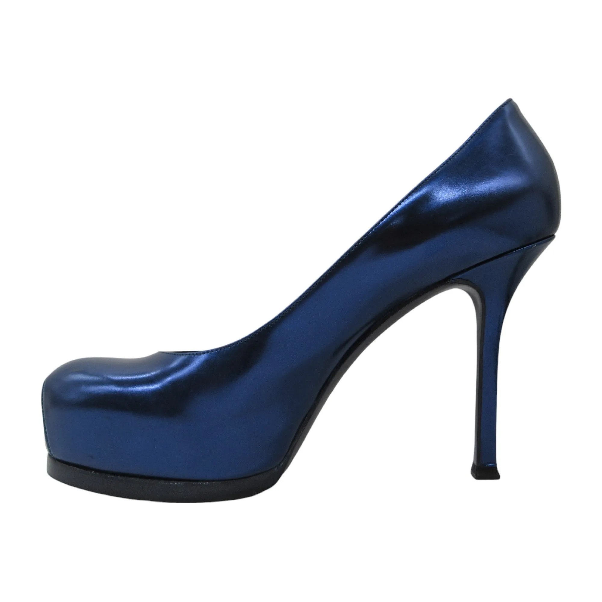 Yves Saint Laurent Blue Metallic Leather Tribtoo 80 Platform Pump